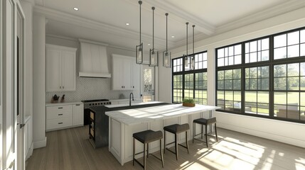 Modern Kitchen Island with White Cabinets and Pendant Lights