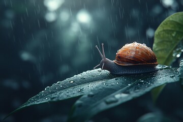 A snail crawls slowly on a leaf in the rain.