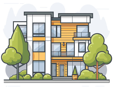 modern house with trees, yellow and white clip art preview