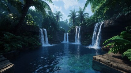 Naklejka premium Stunning complex valley biome featuring cascading waterfalls amidst lush greenery and diverse wildlife.