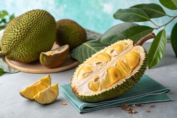 Jackfruit Displayed on an Isolated Pastel Background with Bokeh Effect, Perfect for Food Photography and Tropical Fruit Themes, Ideal for Culinary Blogs and Health Recipes