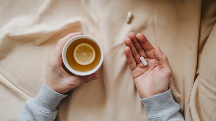 Top-down view of hands holding a cup of lemon tea and two pills on beige fabric, representing home care during illness