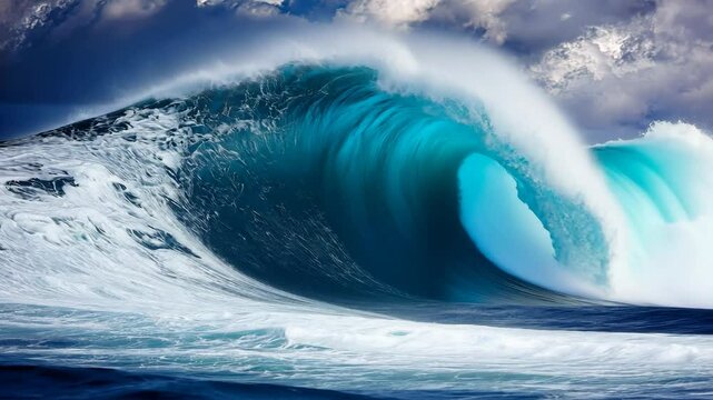 Large ocean wave crashing under cloudy sky