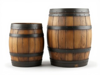 Two wooden barrels of varying sizes with black iron bands, isolated on a white background, representing traditional storage containers