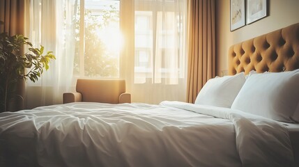A modern hotel bedroom interior