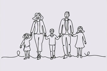 Happy family unity walk. Family bonding, togetherness, and love depicted in a simple line art illustration.  Symbolizes family unity and support.