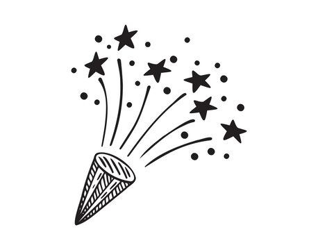 recommend clip art: Confetti popper hand drawn doodle outline icon. Confetti popper line clipart isolated on white background. Decoration of holidays and party