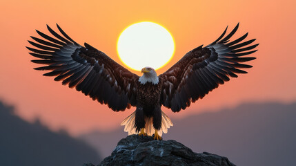 Obraz premium Majestic eagle spreading its wings against stunning sunset backdrop, symbolizing freedom and strength. vibrant colors of sky enhance beauty of this powerful bird