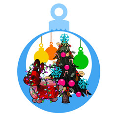 A blue Christmas and holiday ornament with a Christmas tree, red rabbit, snowflakes and three ornaments