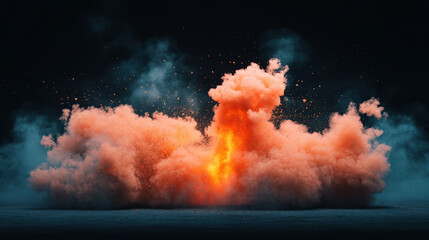explosion with billowing smoke creates dramatic scene, showcasing vibrant orange and blue hues against dark background. powerful display evokes sense of awe and intensity