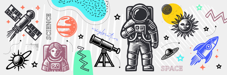 Space and Science Vector Illustration Featuring an Astronaut, Telescope, Satellite, Planets, and Celestial Elements for a Cosmic Exploration Theme