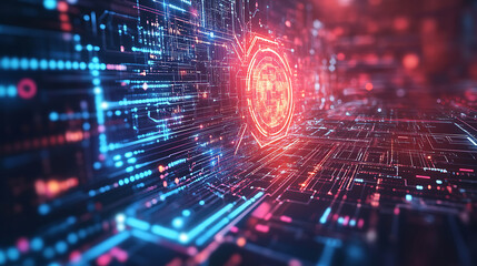 Innovative blockchain technology visuals digital realm high-tech graphics virtual environment futuristic viewpoint trust and security concept