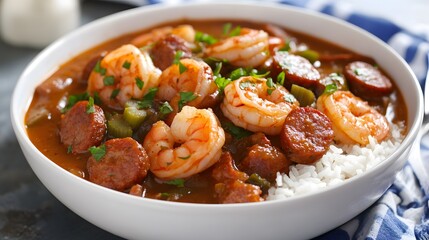 Fototapeta premium A bowl of New Orleans gumbo, spicy stew with shrimp, sausage, and okra served over rice.