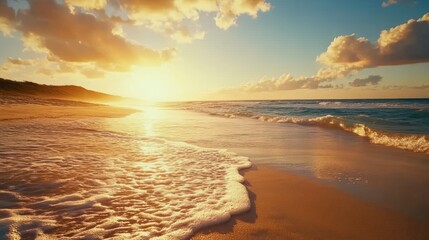 Fototapeta premium Golden Sunset Over a Sandy Beach with Gentle Waves