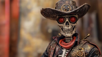 Obraz premium A close-up of a skeletal cowboy figurine wearing a hat, red bandana, and goggles.