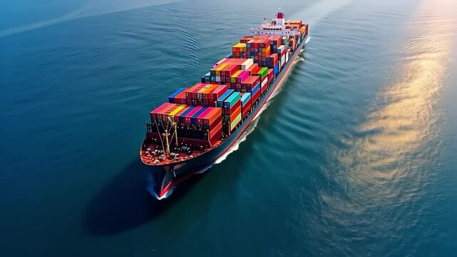 A large container ship navigating calm waters, heavily loaded with colorful shipping containers stacked on its deck.