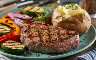 Grilled steak dinner. Juicy steak, baked potato, grilled veggies a perfect hearty meal.  Enjoy delicious flavors.