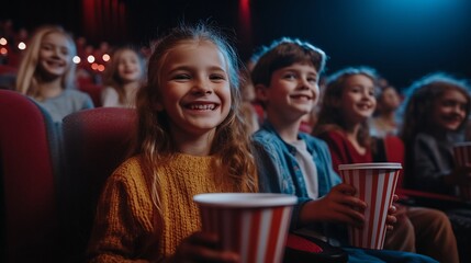 Obraz premium Happy children enjoy watching a movie in a cinema.