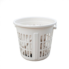 White plastic laundry basket overflowing with clothes on white background
