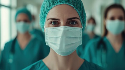 Group of healthcare professionals in masks, symbolizing teamwork