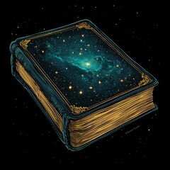 Enigmatic Cosmic Book Illustrating the Vastness of Space with Stars and Galaxies Set Against a Dark Background in a Magical and Dreamy Style
