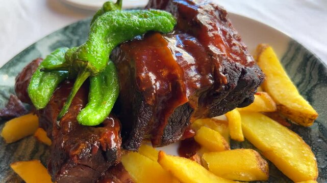 Delicious bbq pork ribs with green Spanish padron peppers and french fries, bbq sauce on grilled meat in Spain, 4K shot