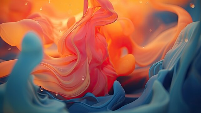 Macro shot of colorful ink swirling in water forming abstract wave shapes