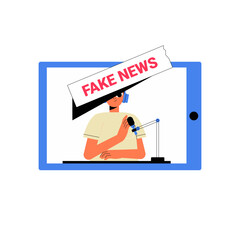 Newscaster In Flat Vector Illustration Symbolizing Media, Fake News Awareness, And Journalism Ethics, Isolated On White Background