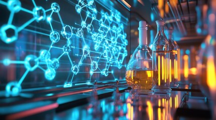 AI developing new materials in a lab, holographic display showing atomic structures