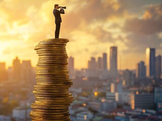 Businessman Overlooking City Skyline from Atop Stack of Gold Coins  Symbolizing Future Investment Opportunities and Growth