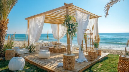 Obraz premium A wooden pergola with white curtains and white furniture sits on a beach with the ocean in the background.