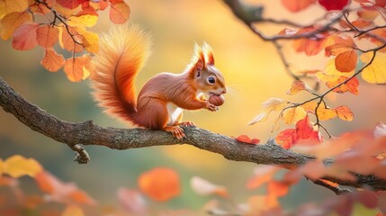 Fototapeta premium Red Squirrel Eating Nut on Branch with Fall Foliage