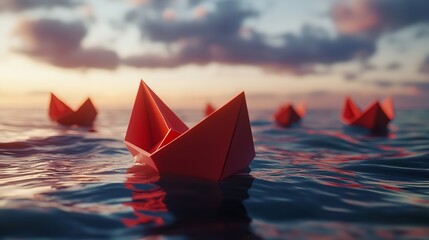 Paper plane leadership concept - red paper plane leading