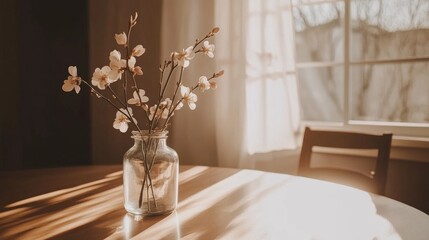 Elegant Glass Vase with Delicate White Blooms on a Wooden Table Bathed in Warm Sunlight in a Cozy Interior Setting