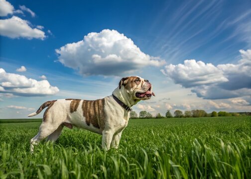 Majestic Alapaha Blue Blood Bulldog in a Lush Green Field, Showcasing Its Unique Features and Playful Nature Under a Bright Blue Sky with Soft, Fluffy Clouds