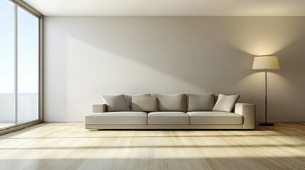 Modern and Minimalist Living Room Interior with Bright Natural Light, Stylish Beige Sofa, Floor Lamp, and Expansive Windows Creating a Spacious Atmosphere