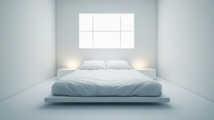 Minimalist Bedroom Design with White Walls, Soft Bedding, and Large Window for Natural Light in a Spacious Interior