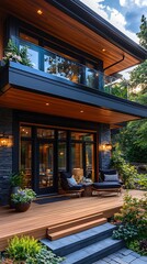 Obraz premium Cozy outdoor patio with rustic wooden decor and refreshing greenery surrounding picture