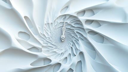 A modern white diamond clock with watch hands twisted into a surreal spiral forming an abstract fractal pattern in a clock dial design
