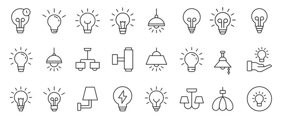 Light Bulb line icon set vector, isolated on white background. Idea sign, solution, thinking concept. Lighting Electric lamp. Electricity, shine. Trendy Flat