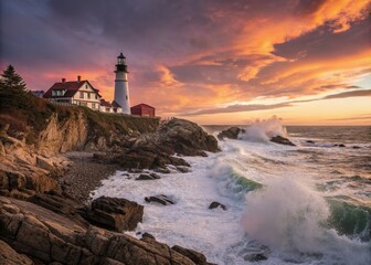 Majestic Lighthouse on a Cliffside Overlooking the Ocean at Sunset with Dramatic Sky and Waves Crashing Below, Ideal for Travel and Coastal Photography Projects