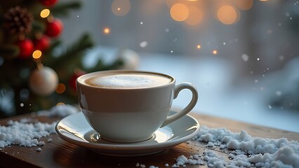 Obraz premium Coffee with foam in the shape of a Christmas tree, bokeh, morning, window, snow