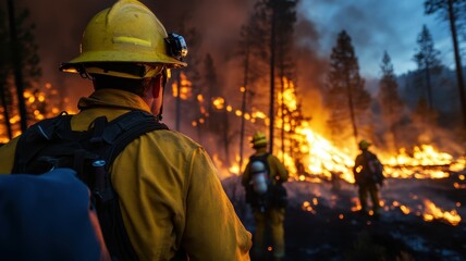Brave firefighters battle a raging wildfire crisis under the cover of darkness, showcasing their heroic efforts.