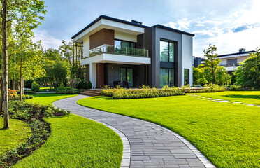 A stylish modern building with a large lawn and walkway.	