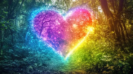 Fototapeta premium Colorful fantasy heart, light beam, green forest field