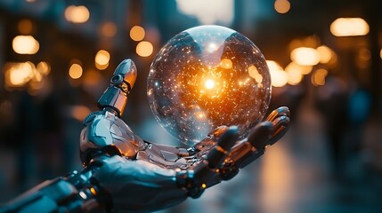 Futuristic Robot Hand Holding a Glowing Crystal Sphere with Cosmic Starry Background in a Vibrant City Street Scene During Dusk