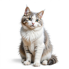 Obraz premium Fluffy cat sitting and looking up with curiosity on white background