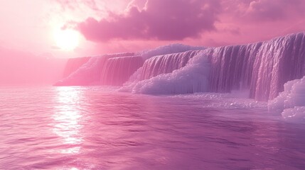 Serene pink landscape with waterfalls and calm water at sunset.