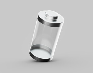 Glossy transparent battery charging glass empty battery with metal caps on white background 3d illustration