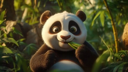 Obraz premium Adorable Panda Bear Eating Bamboo Shoots in a Lush Green Forest